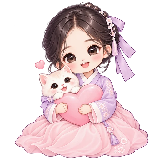 하트를 안고 있는 한복 소녀와 고양이