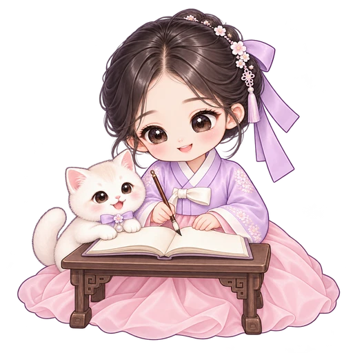 책을 살펴보는 한복 소녀와 고양이