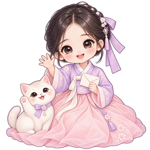 손을 흔들며 반기는 한복 소녀와 고양이